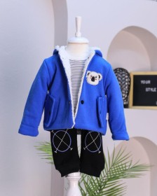 طقم شتوي 3 قطع جاكيت مبطن فرو بلوزة مخططة