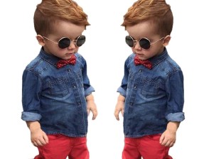 طقم قميص جينز مع بنطلون أحمر